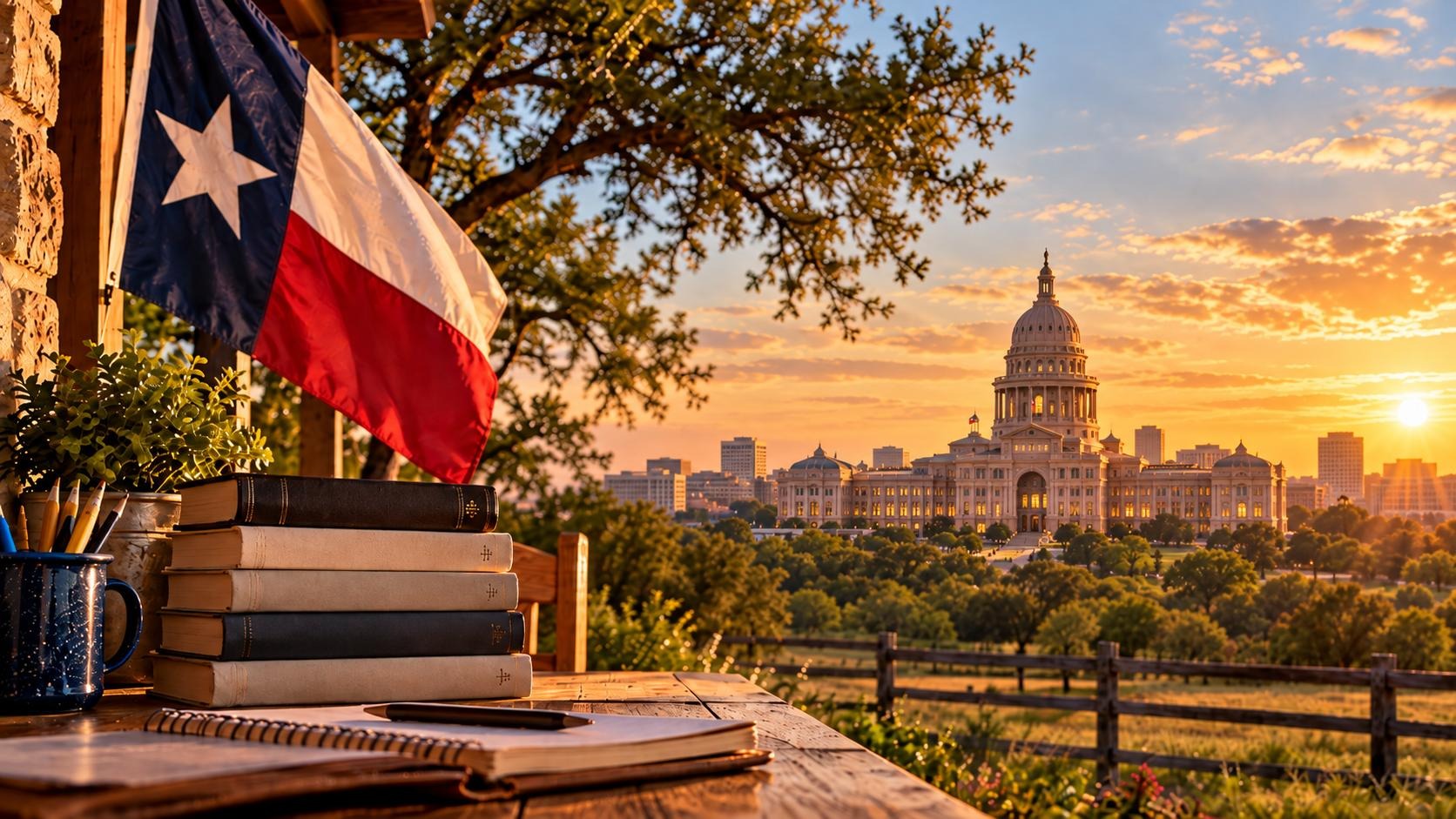 Texas flag and homeschool books with the Texas Capitol at sunset